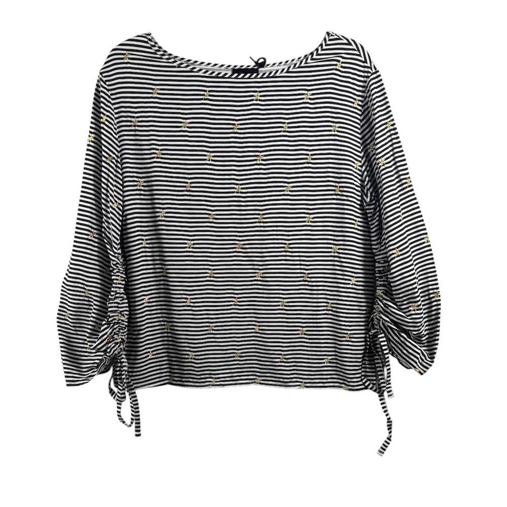 Nanette Lepore Striped Star Embroidered Blouse Ruched Tie Sleeve Black White S